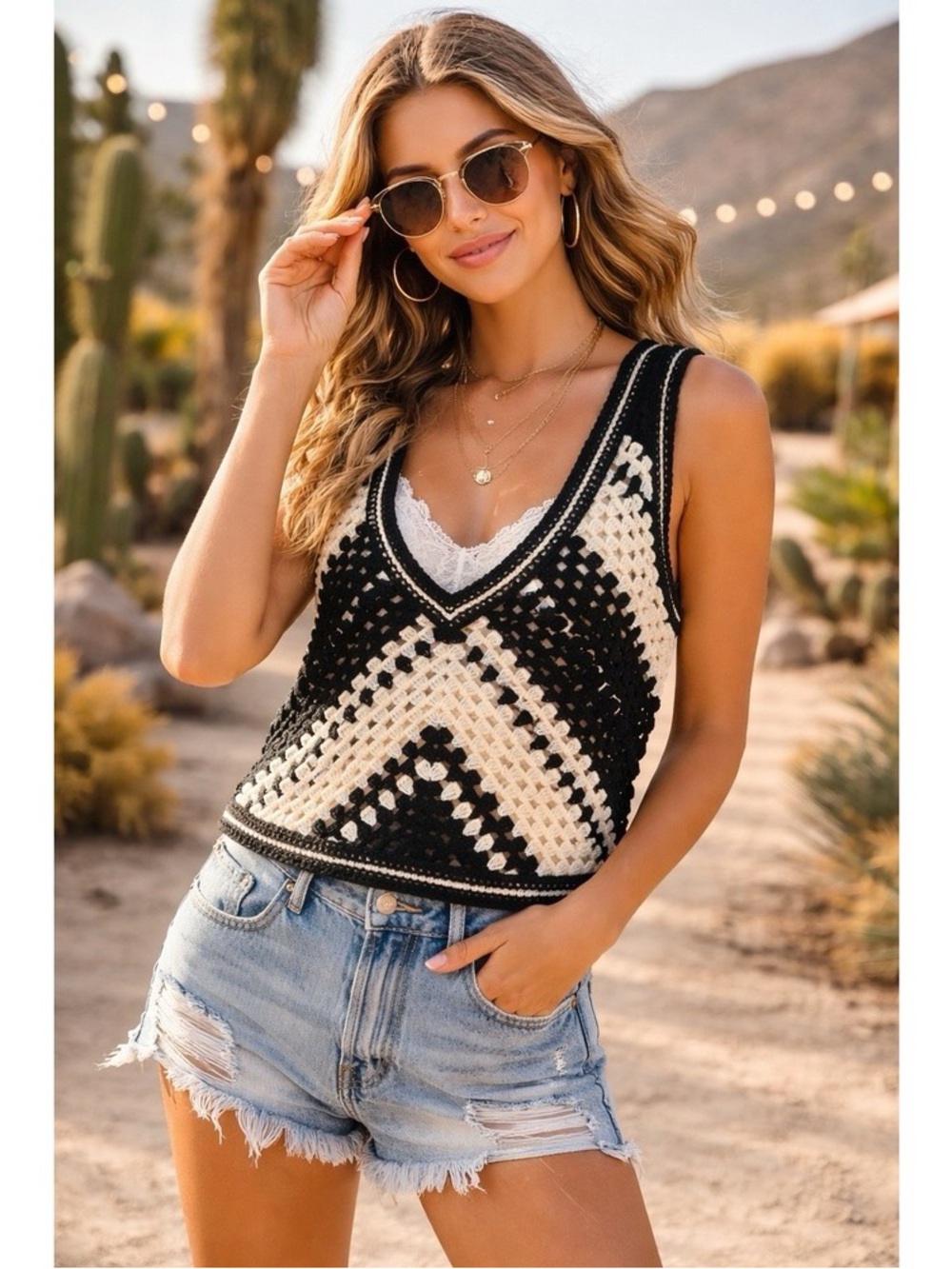 Rebellion Black & Cream Crochet V-Neck Tank